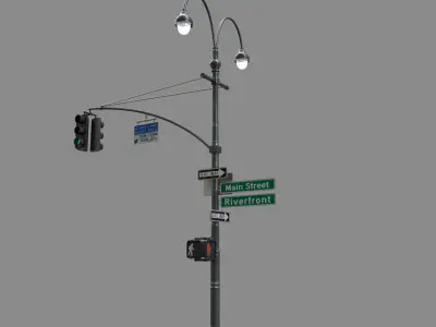 LowPoly Traffic light with street lamp Low-poly 3D model