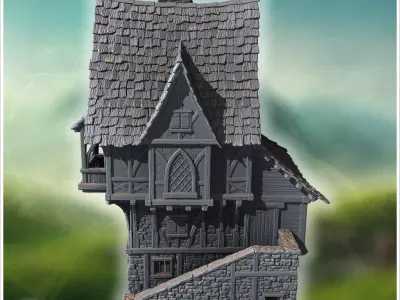 Large medieval house with steep roofs timber framing and stone w 3D print model