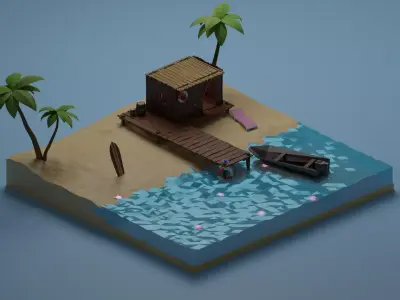 Low Poly Beach island with palm trees and boat Low-poly 3D model