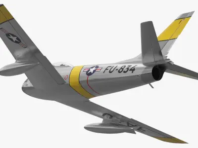  North American F-86 Sabre Jet Fighter Silver Yellow Flight Pose Simplified 