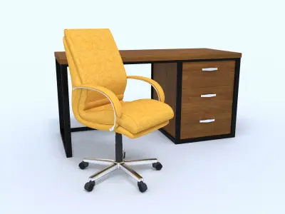 Leather yellow office chair and office table Free 3D model