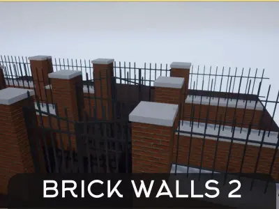 Modular Brick Wall and Gate Low-poly 3D model