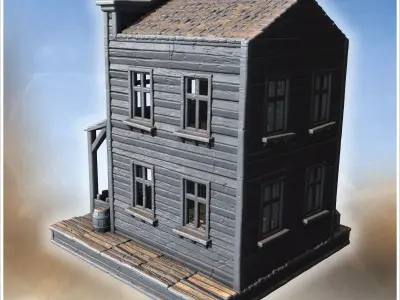 Two-story wooden bar with porch wagon wheel barrel and tiled roo 3D print model