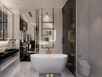 Bedroom with walls and gold accents 3D model