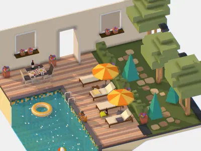 Relax by the pool on the sun loungers Low-poly 3D model
