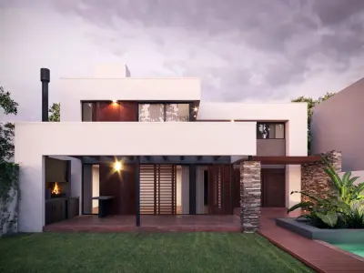 3D Modern House Ext Sunset Scene 3D model