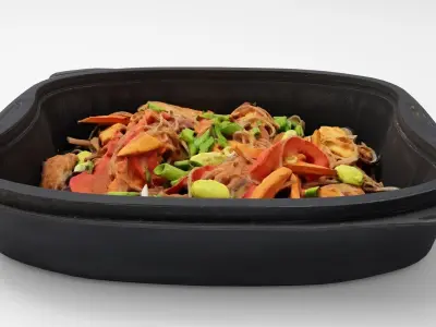 lunch box with fried noodles chicken vegetables 3D model