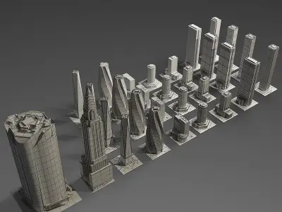 Skyscrapers collection tall building Low-poly 3D model