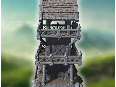 Tall wooden watchtower with fortified railings a ladder and that 3D print model