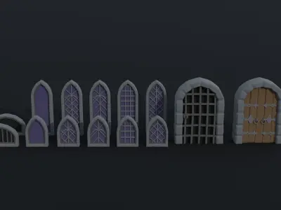 Cartoon medieval doors and windows Polygonal Style Low-poly 3D model