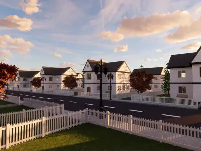 3D Neighborhood Model residential street with houses and fences 3D model