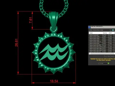 Sun Aquarius Light Gold Pendant Version 7 3D print model
