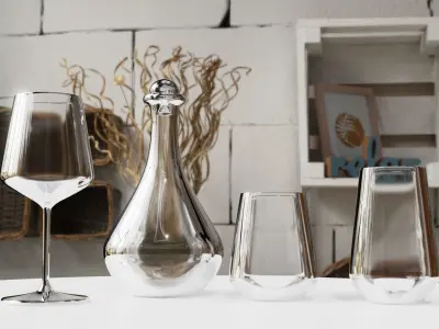 Glass Set of glasses and wine bottle on table 3D model