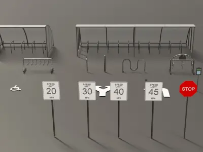 Bicycle Rack and Traffic Sign Pack  Low-poly 3D model