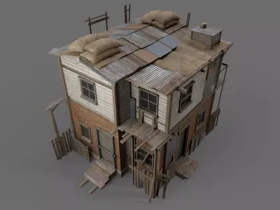 Post-apocalyptic two-story house Low-poly 3D model