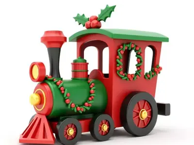 Christmas Wooden Train 3D Model Festive Toy Locomotive Low-poly 3D model