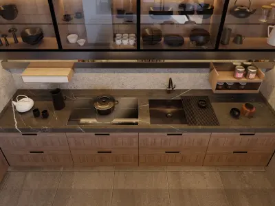 Arclinea - Principia Convivium - Timber Marble L-Shape Kitchen 3D model