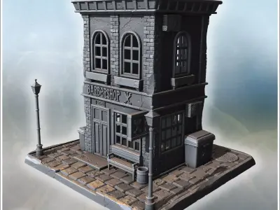 Barbershop with arched windows brick walls rooftop details and s 3D print model