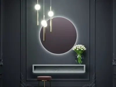 Interior room with round mirror and stool 3D model