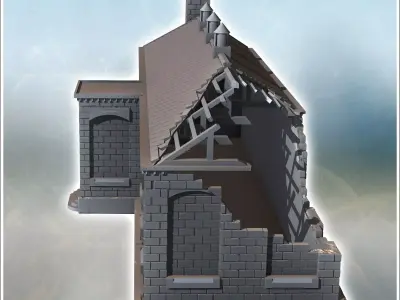 Damaged building with two stairway entrances bricked-up windows  3D print model