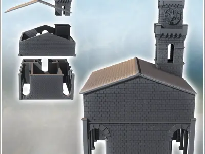 Large classical tile-roofed building with stone walls clock towe 3D print model