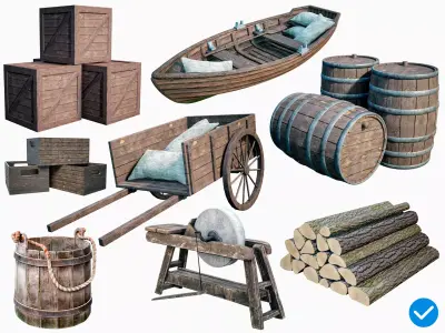 X8 Medieval Wooden Assets Package PBR Low-poly 3D model
