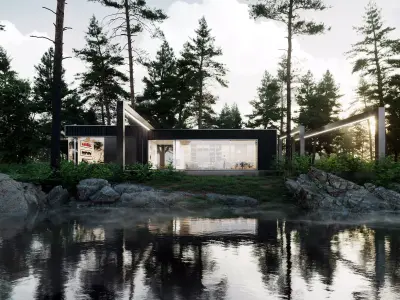 Forest house in fog 3d exterior scene  3D model
