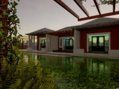 3 Bedroom Modern Bungalow With Interiors  and Landscaping Low-poly 3D model