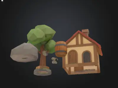 Rustic Low-Poly Village Scene Free low-poly 3D model
