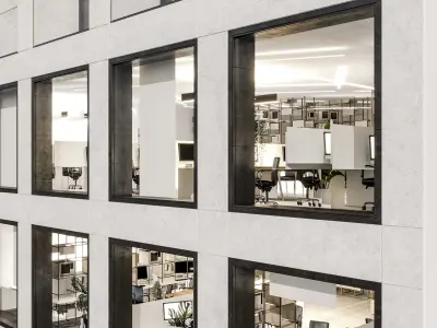 Modern office facade 01 at night with simple interiors 3D model