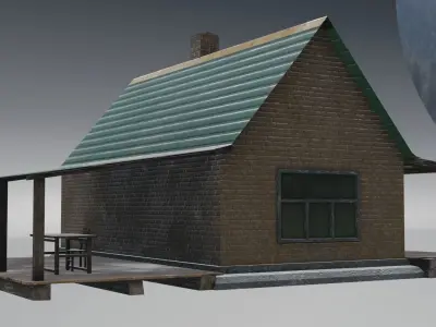 Old neglected yellow brick house with a canopy Low-poly 3D model