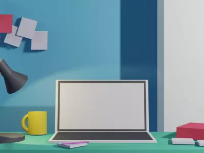 Desktop desk with laptop and lamp 3D model