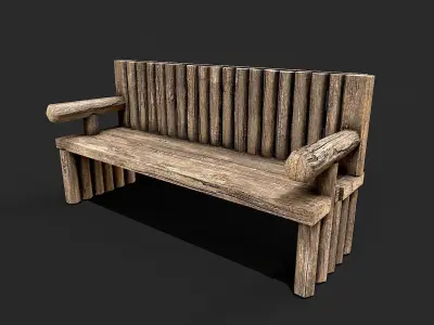 Wooden Benchs and Stools Set Low-poly 3D model