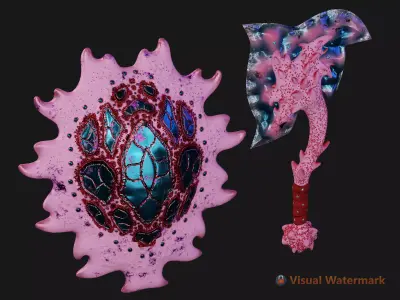 Coral Shield and Axe Low-poly 3D model