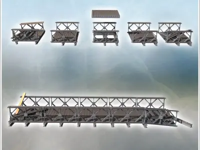 Modular modern metal bridge with wooden plank intact and damaged 3D print model