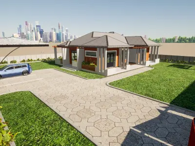 3 Bedroom Modern Bungalow With Interiors  and Landscaping Low-poly 3D model