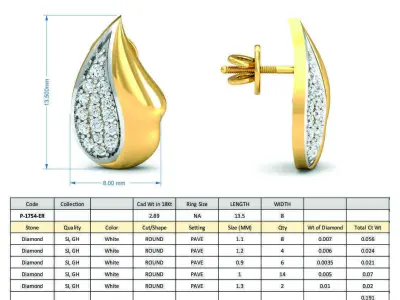 Earring 3dm STL FBX OBJ Render Details diamond tear pendant gold 3D print model