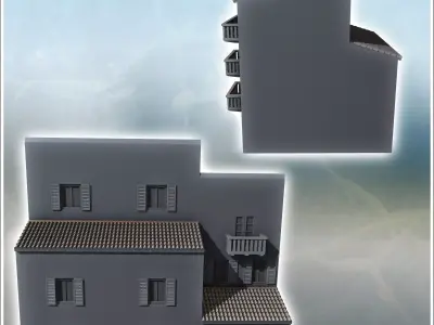 Modern single-sloped roof building with three balconied floors 1 3D print model