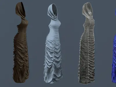 Textured Long Wrinkled Ruffled Hooded Dress Low-poly 3D model
