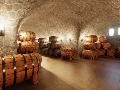 Wine Cellar V3 - Stone Vault with Wooden Barrel Storage 3D model