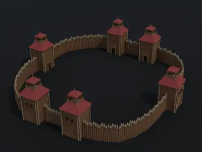 Cartoon wooden fortification Polygonal Style Low-poly 3D model