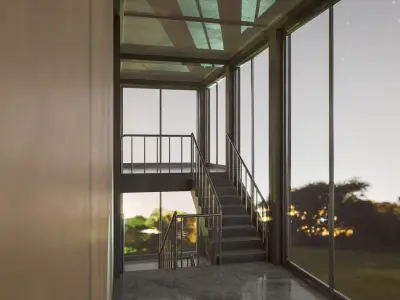 Staircase in a building with large windows Low-poly 3D model