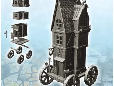 Fantasy medieval shop on four wooden wheels with sign and round  3D print model
