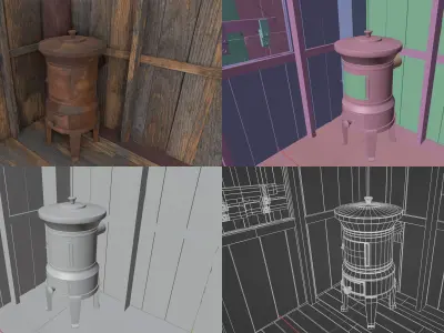 Primitive Wooden Cottage with interior Low-poly 3D model