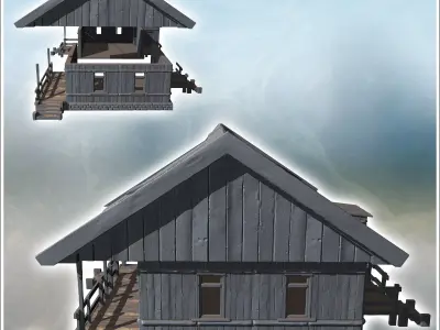 Traditional wooden house with a raised porch and steps leading t 3D print model