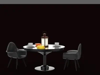 Tea Set table with chairs and lamp Low-poly 3D model