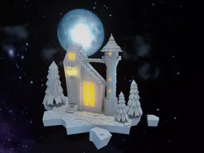 CASTLE snowy in night sky 3D model