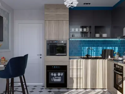 Modern Kitchen Design with Blue Mosaic Backsplash Free 3D model