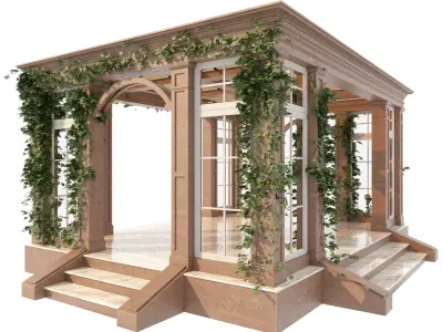 Gazebo wooden structure with windows and steps 3D model