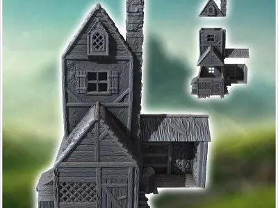 Large medieval building with canopied outdoor fireplace high ori 3D print model